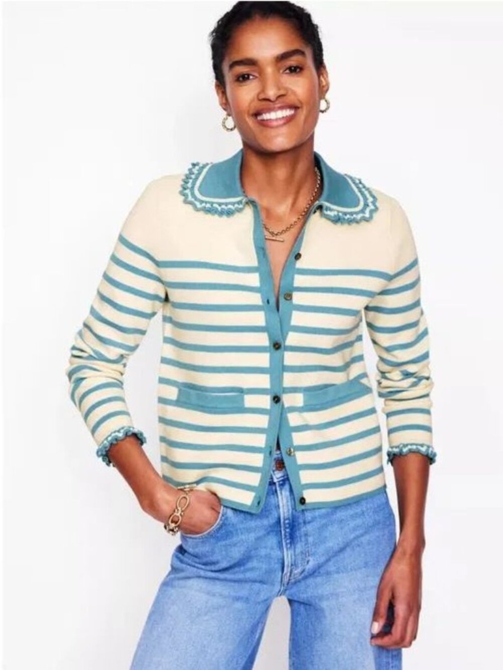 BODEN Jessie Stripe Frill Cardigan Size Small